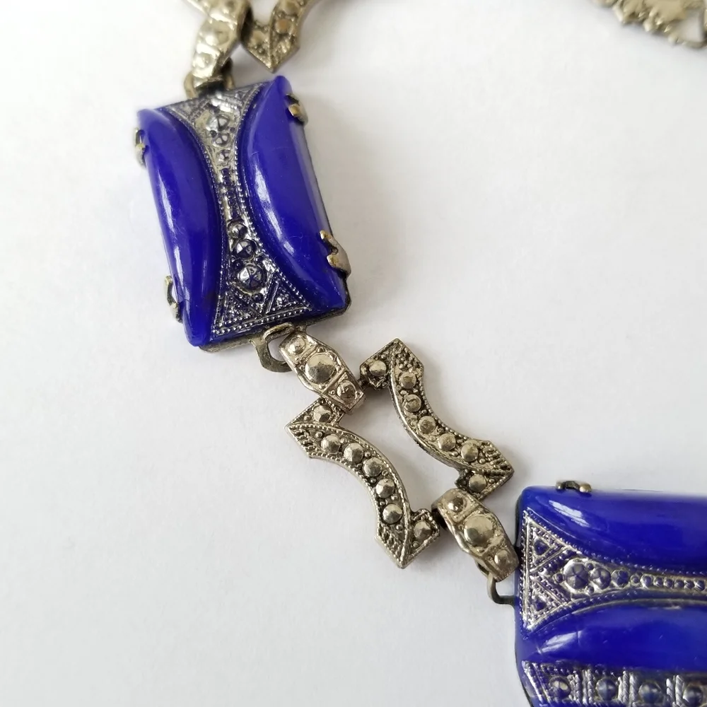 Relisted-Vintage Art Deco necklace blue glass silver tone choker - Picture 15 of 17